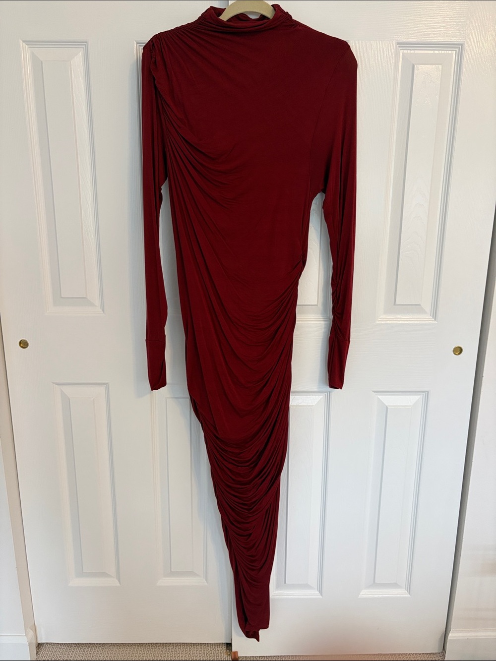 Barkwood x Eloquii Asymmetrical Draped Dress in Burgundy